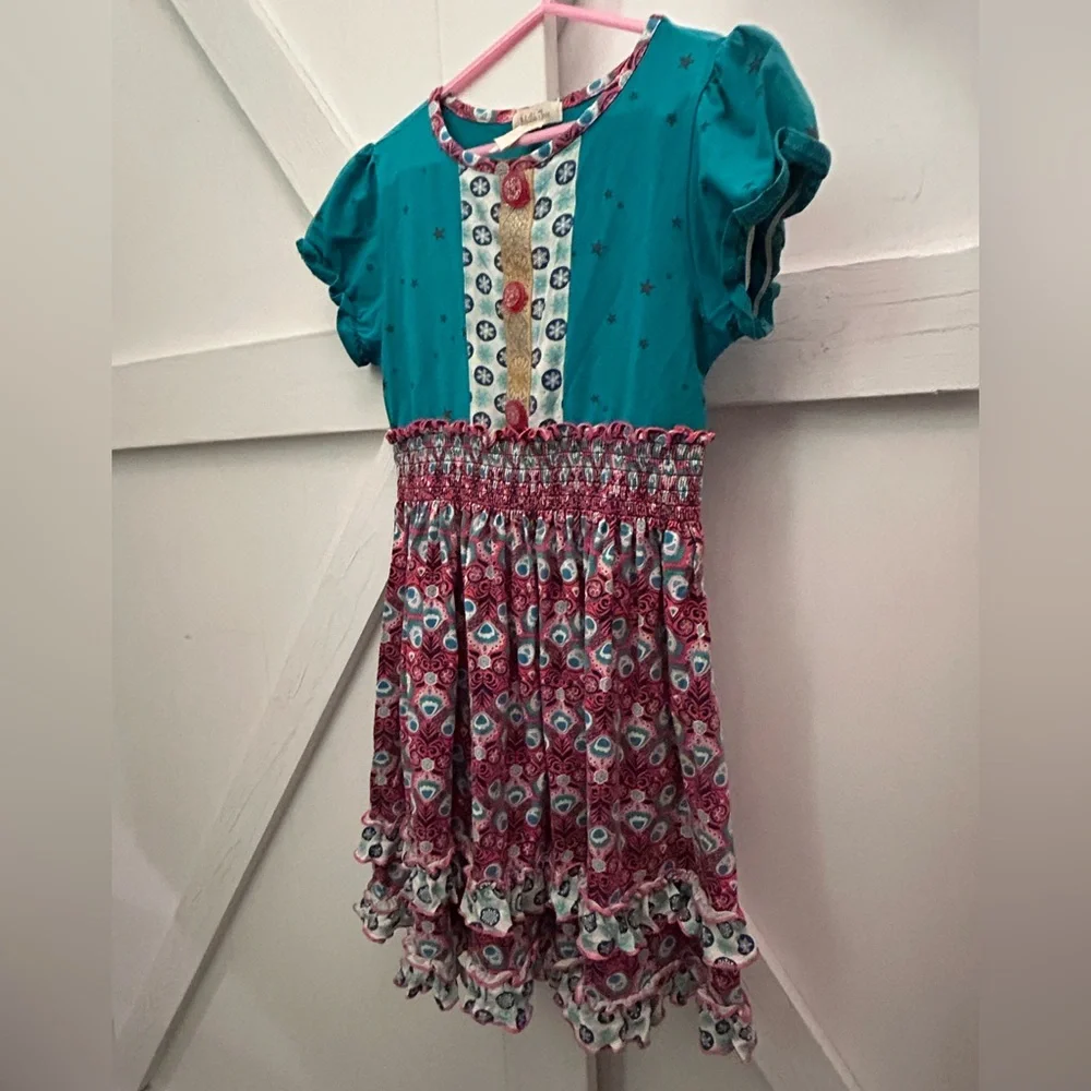 Matilda Jane Teal, Coral, & Yellow Smocked Sundress with Puff Cap Sleeves- Sz 8 - Picture 7 of 16